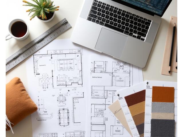 Skizzen einer Innenarchitekturplanung auf einem Tisch mit Stoffmustern