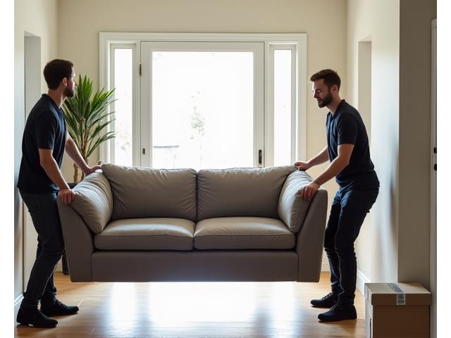 Möbelpacker tragen ein Sofa in ein Haus