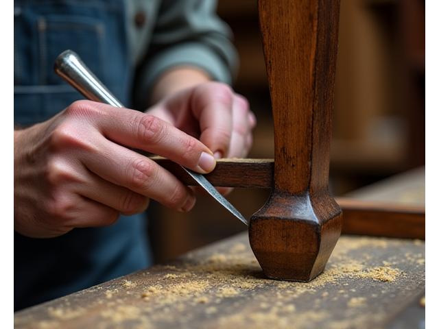 Detailansicht eines Restaurationsprozesses an einem Holzmöbelstück
