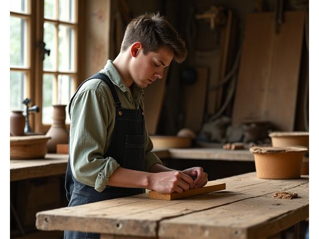 Historische Werkstatt mit einem jungen Handwerker, der Möbelstücke fertigt