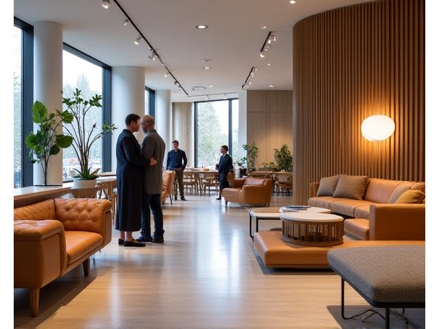 Moderner Showroom mit eleganten Möbeln und Kunden